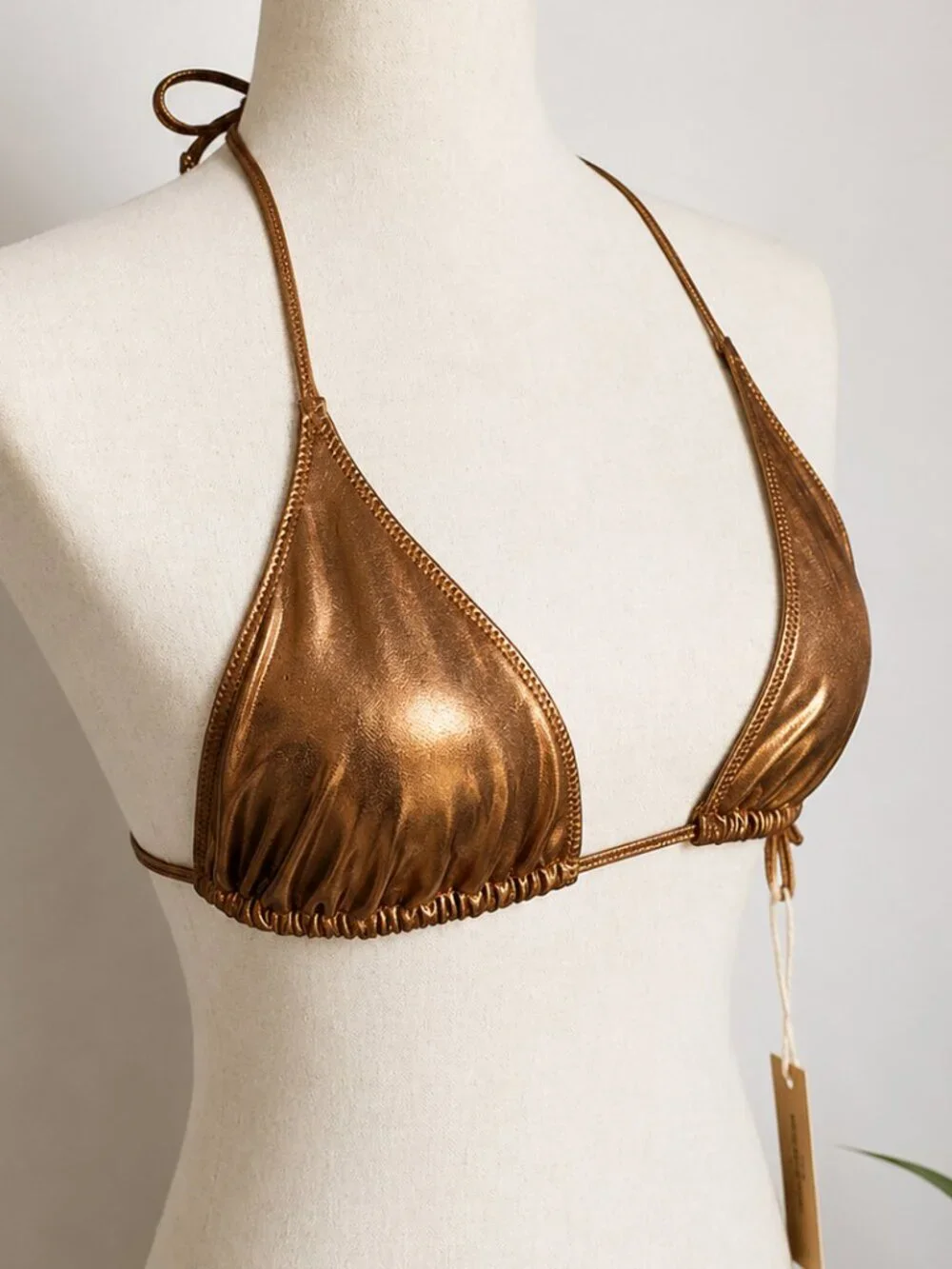 SKIMS NEW Metallic Bronze Swim Skimpy Triangle Bikini Top in Penny Gold SZ XL